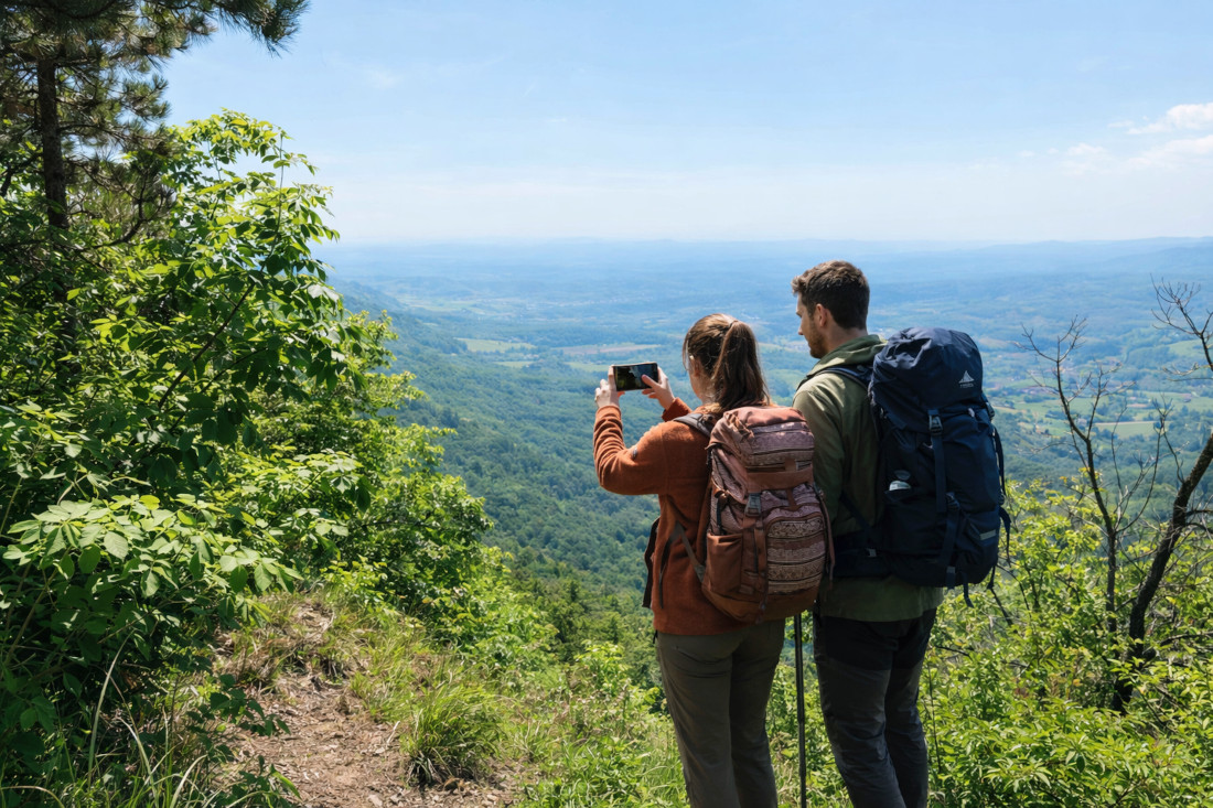 Par na planinarenju na Ivanščici s pogledom na zagorske brežuljke