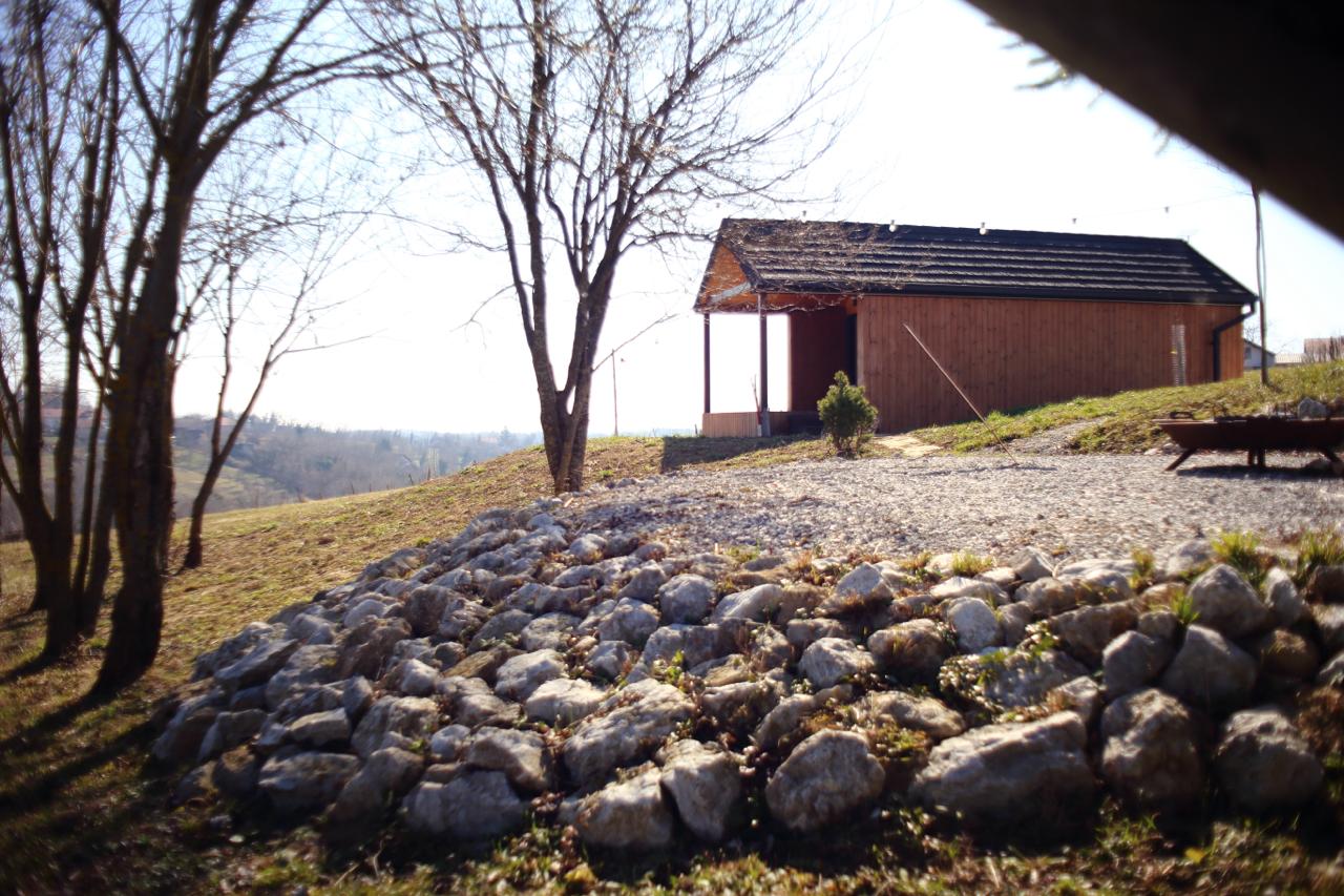 Moderna drvena kućica s crnim krovom u prirodi