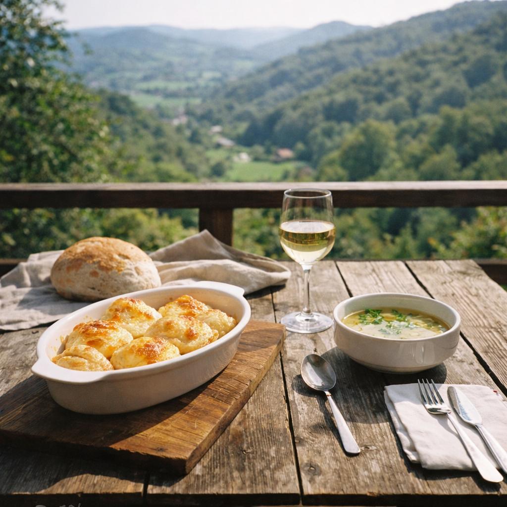 Rustikalni ručak u Zagorju nakon planinarenja – domaći štrukli, juha i čaša vina na drvenom stolu s pogledom na brežuljke
