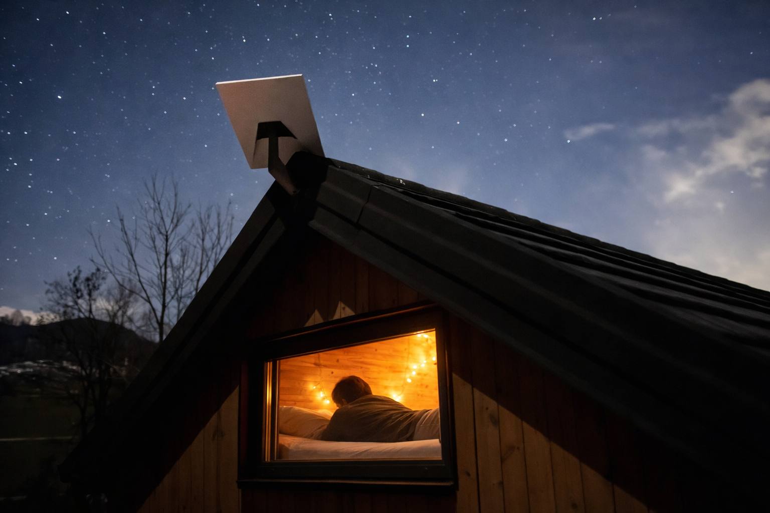 Spavaća galerija u drvenoj kućici noću